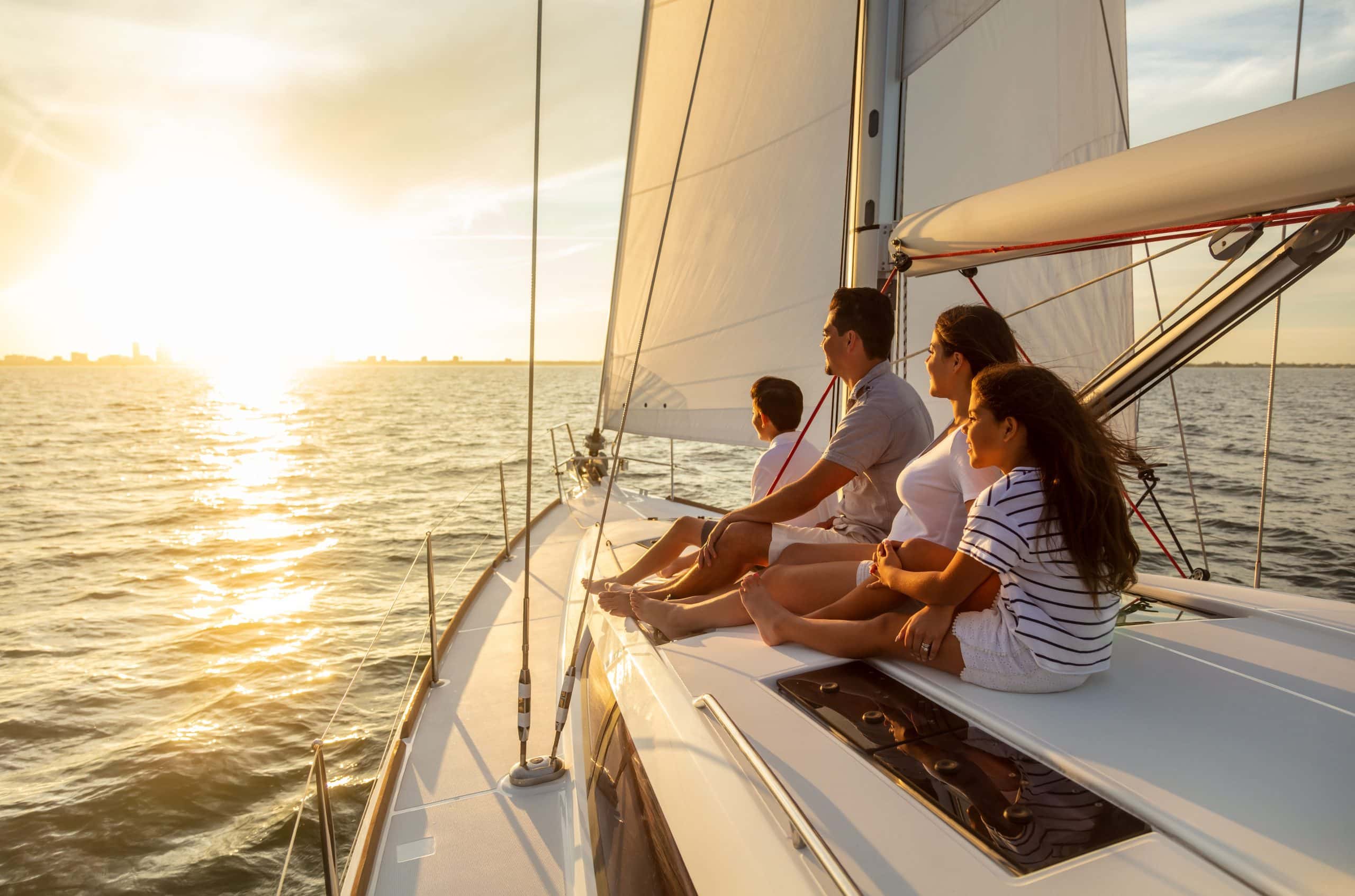 Family travel adventures on luxury yacht at sunset